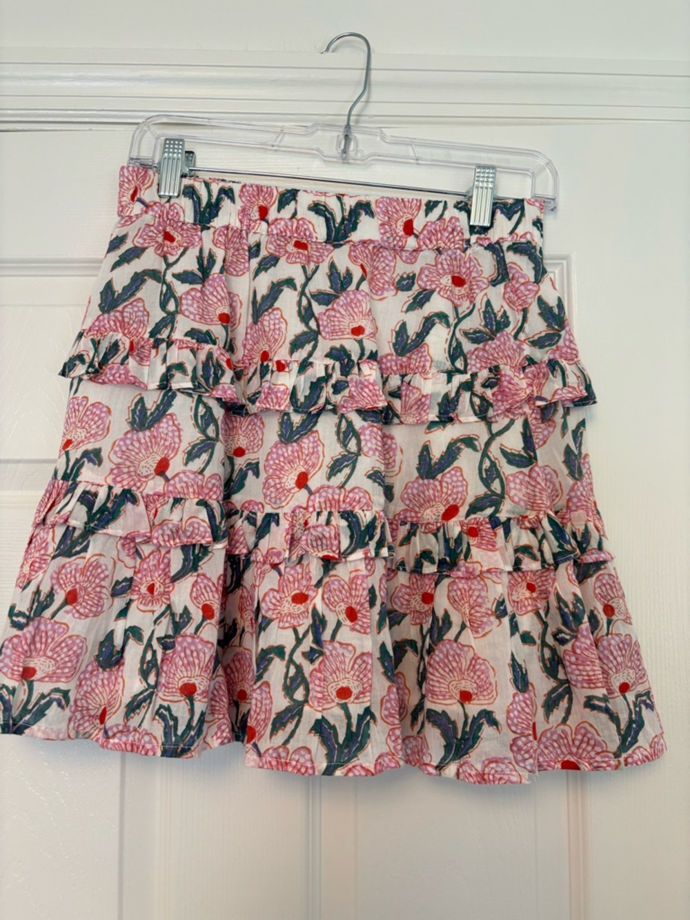 Oliphant Floral Tiered Ruffle Mini Skirt Pink Block Print Size Small